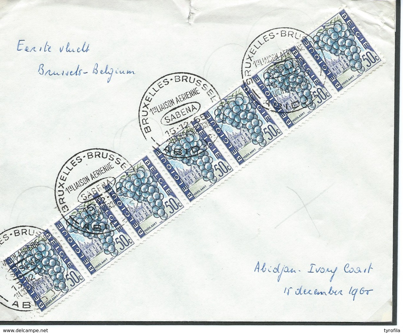 België  O.B.C.  SABENA  1965   1ste Luchtverbinding Brussel - Abidjan. - Enveloppes-lettres