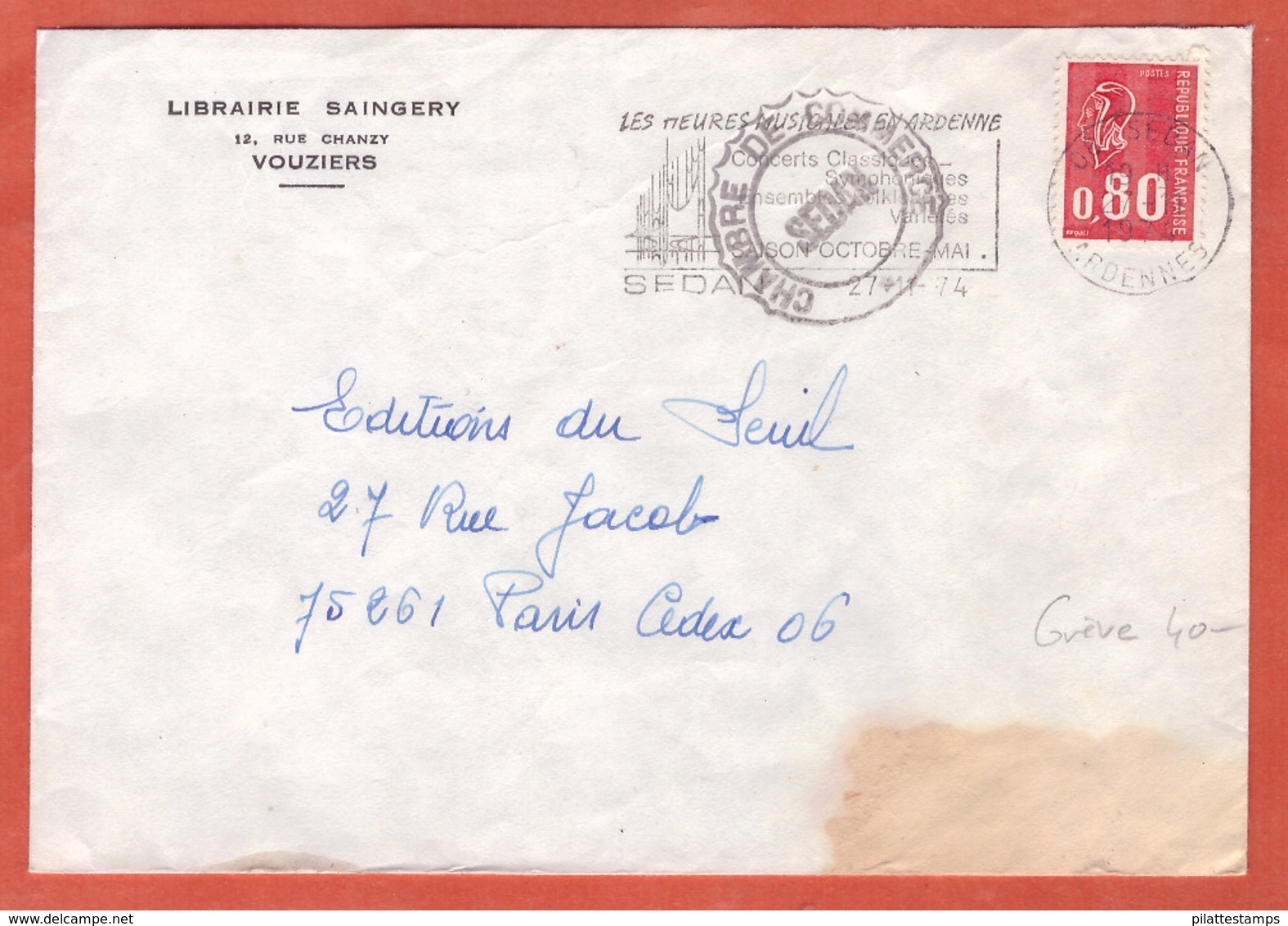 FRANCE GREVE POSTALE AVEC TYPE BEQUET SUR LETTRE DE SEDAN DE 1974 - Other & Unclassified