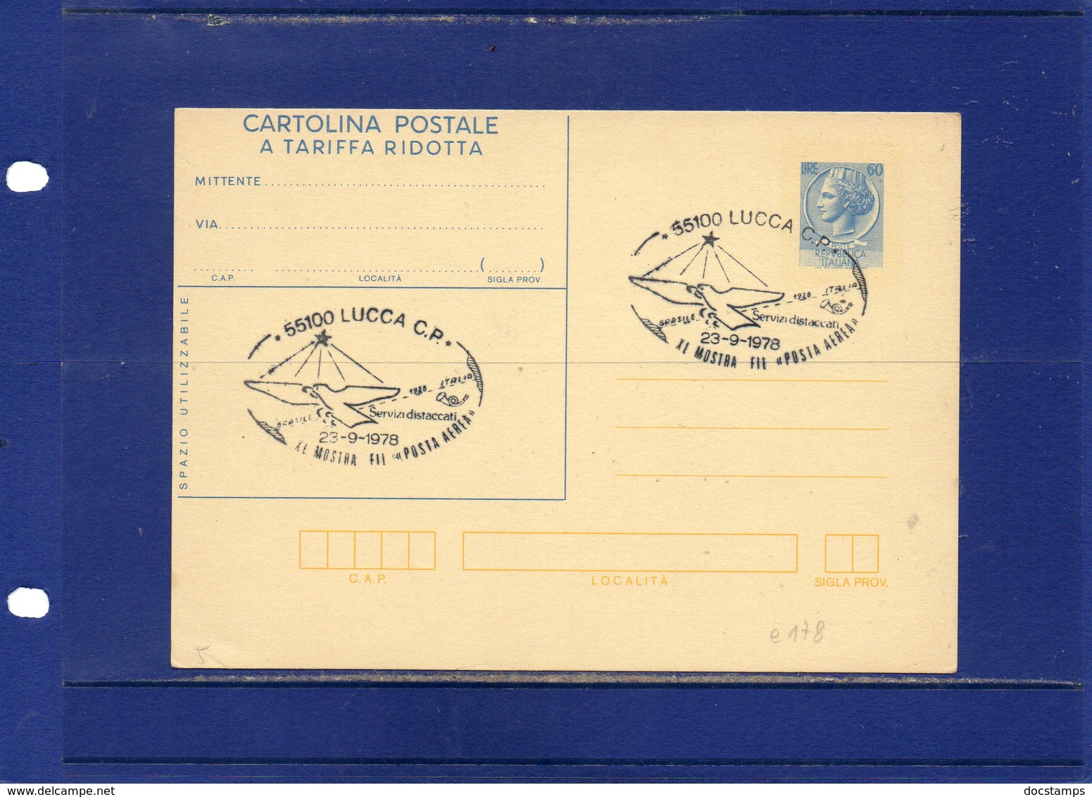 ##(ANT10)-1978-cartolina Postale Tariffa Ridotta L.60 Filagrano C178 Annullo Speciale Lucca-Mostra Posta Aerea + Retro - Ganzsachen