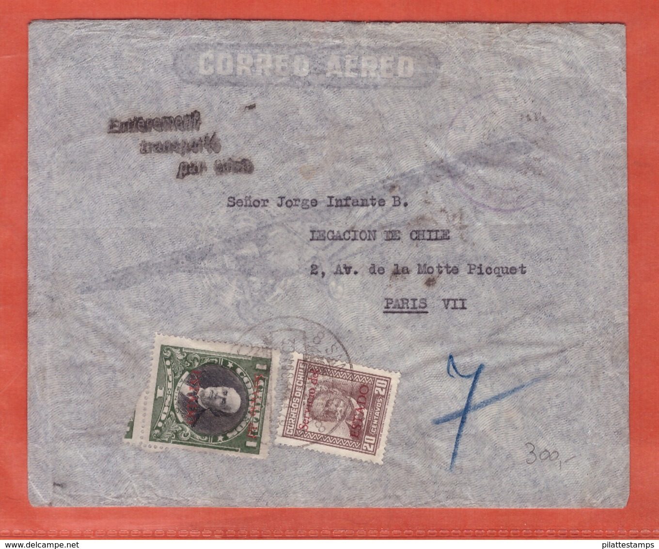 CHILI LETTRE AEROPOSTALE AVEC GRIFFE ENTIEREMENT TRANSPORTE PAR AVION DE SANTIAGO DE 1934 POUR PARIS FRANCE - Cile