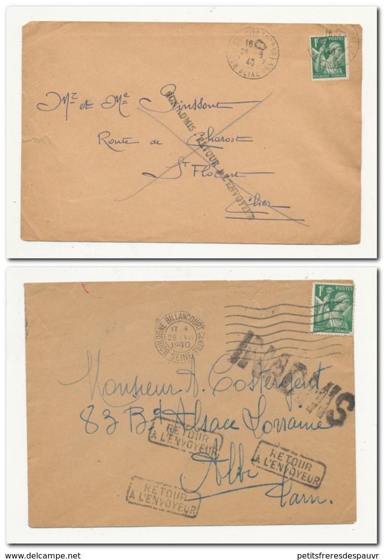 FRANCE - Lot De 2 LETTRES ADMISES Juillet Et Août 1940 Avec Retour à L'envoyeur - Guerre De 1939-45