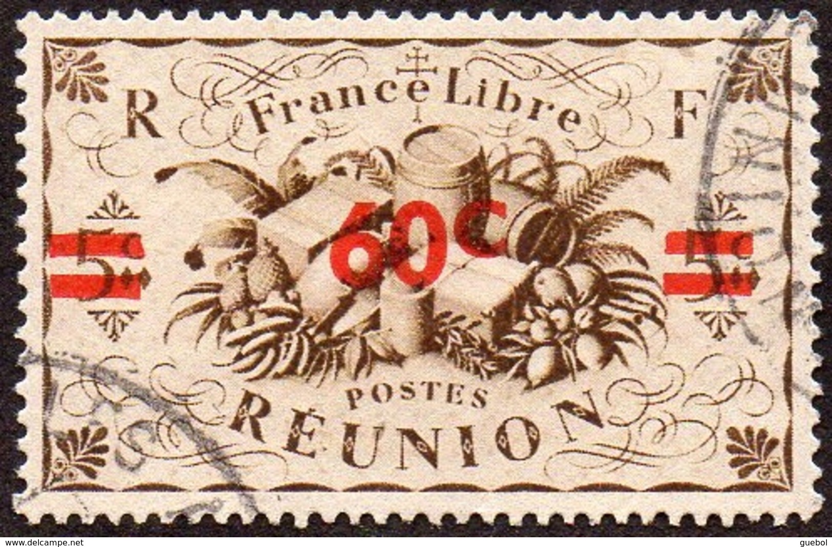 Réunion Obl. N° 253 - Détail De La Série De LONDRES Surchargé En 1945 - Productions - 60cts Sur 5 C Sépia - Oblitérés