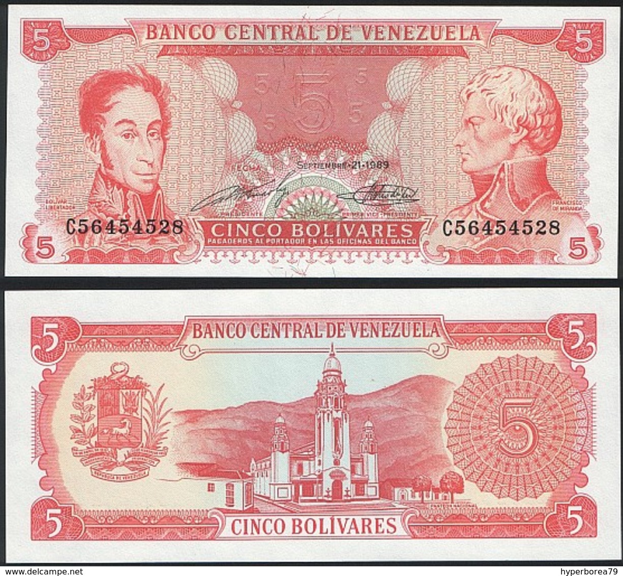 Venezuela P 70 B - 5 Bolivares 21.09.1989 - UNC - Venezuela