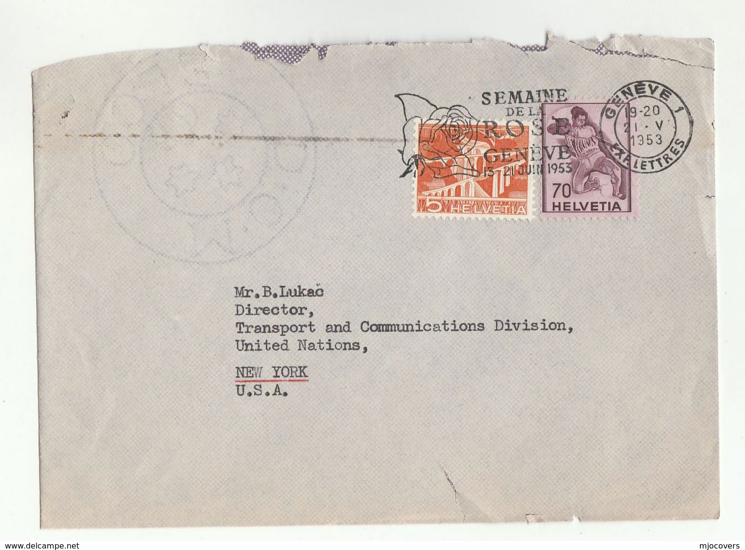 1953 SWITZERLAND COVER SLOGAN Illus ROSE Semaine D La Rose Geneve FLOWER Flowers Roses Stamps To UN USA United Nations - Roses