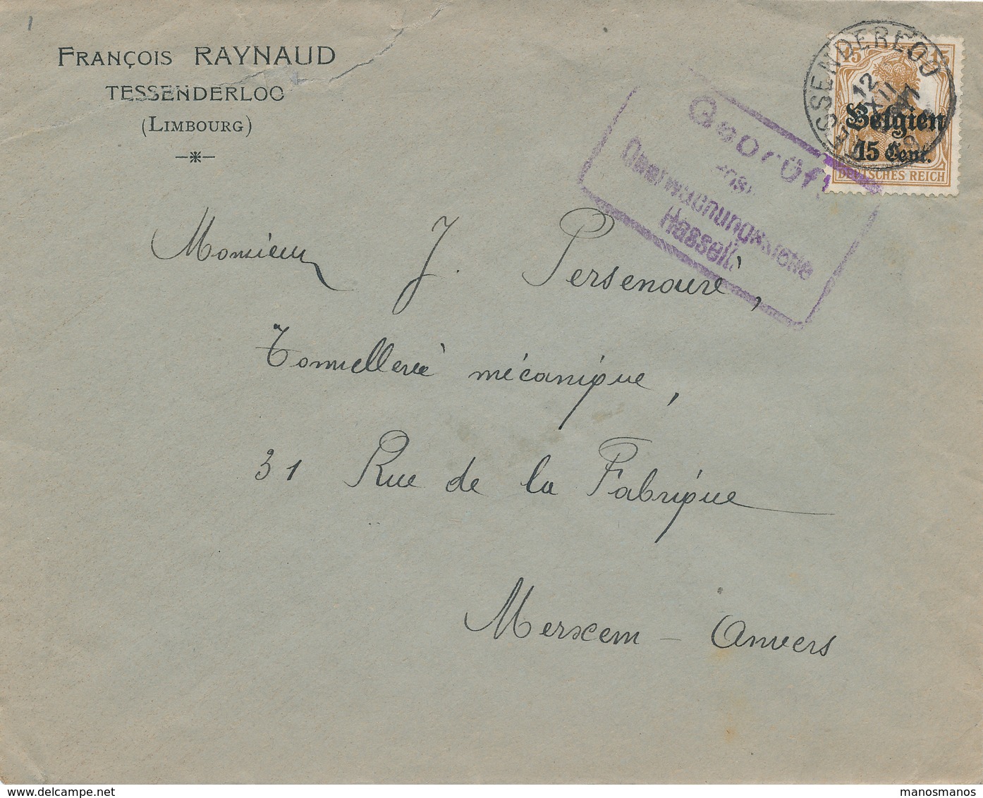 147/27 - Lettre TP Germania TESSENDERLOO 1917 - Censure HASSELT - Entete François Raynaud - OC1/25 Gouvernement Général