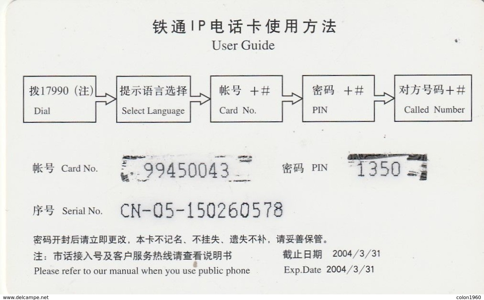 TARJETA TELEFONICA DE CHINA. TRAINS - TRENES. Diesel Passenger Train. 2004-3-31. CN-05-15. (002) - Trenes