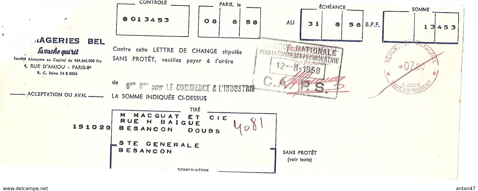 Facture + Traite  1958 / PARIS / Fromageries BEL "LA VACHE QUI RIT" - Alimentaire