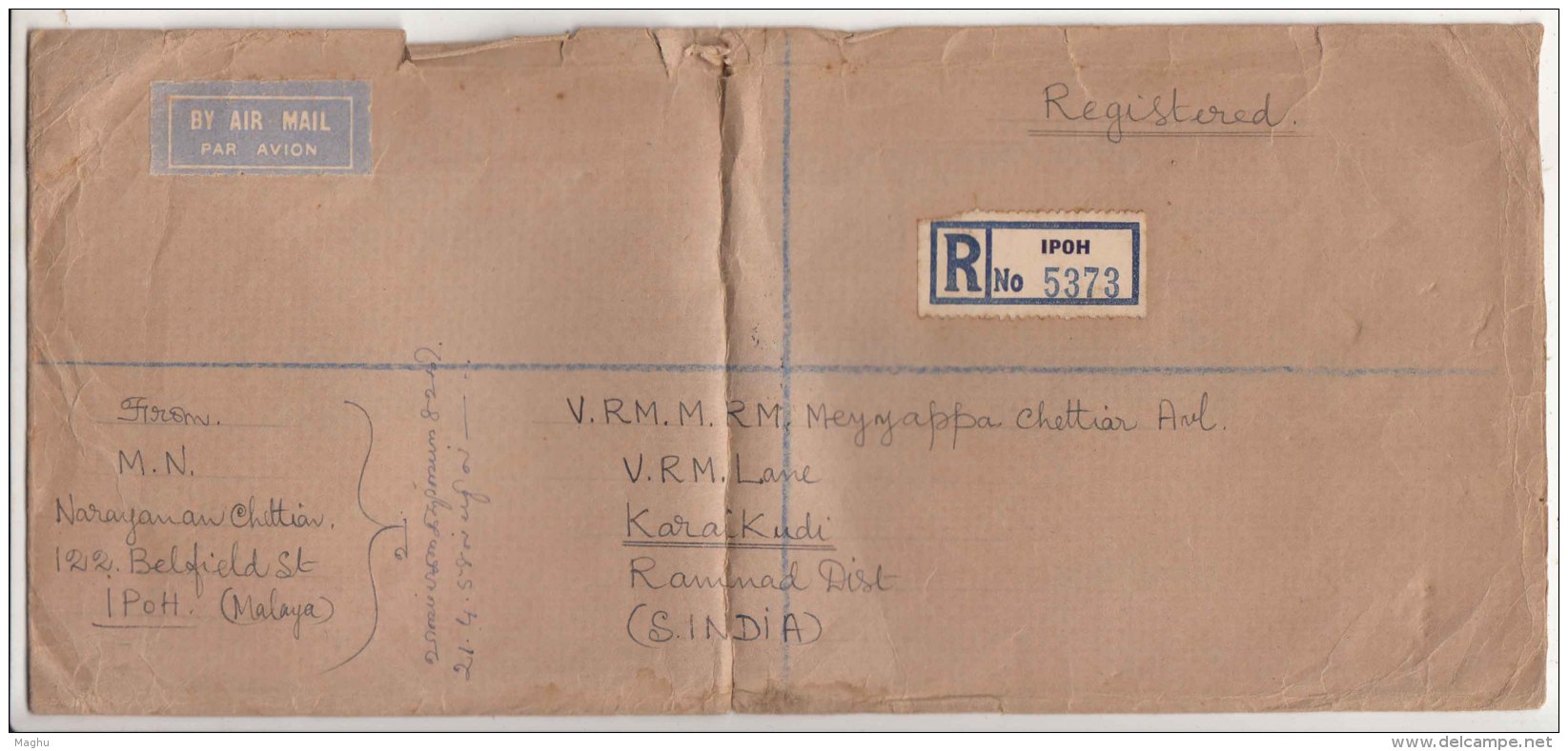 Perak Ipoh Regd Airmail Long Cover, Malaya Used,  As Scan - Perak