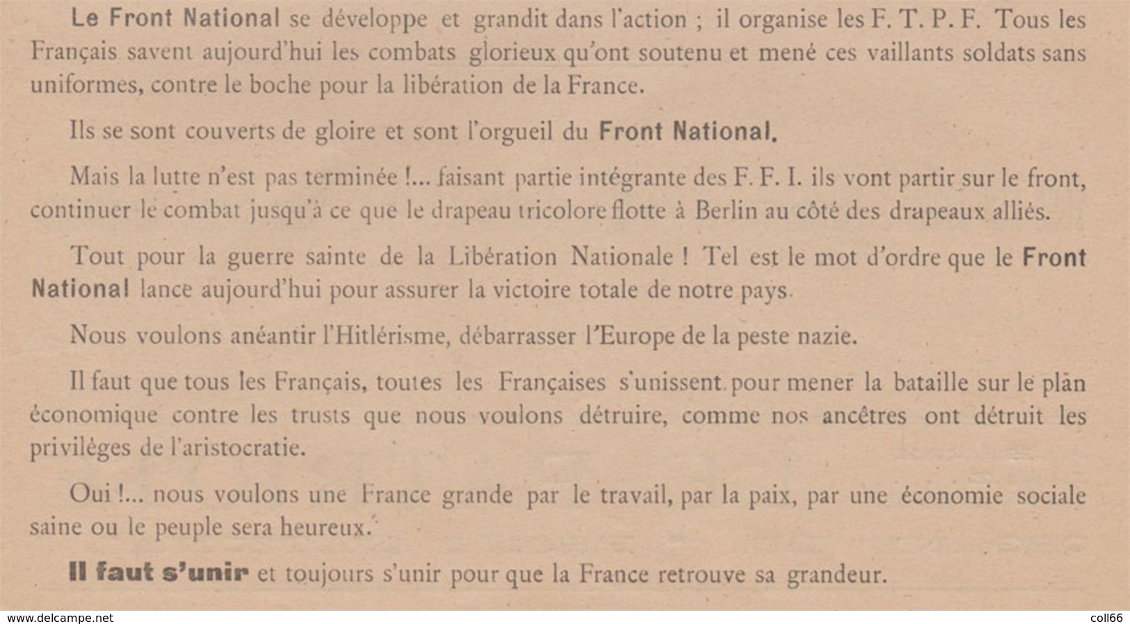 Ww2 Tract Propagande Le FRONT NATIONAL De Lutte Pour La Libération Unis Même Juifs Et Franc-maçons éditeur Roudiere - Documents