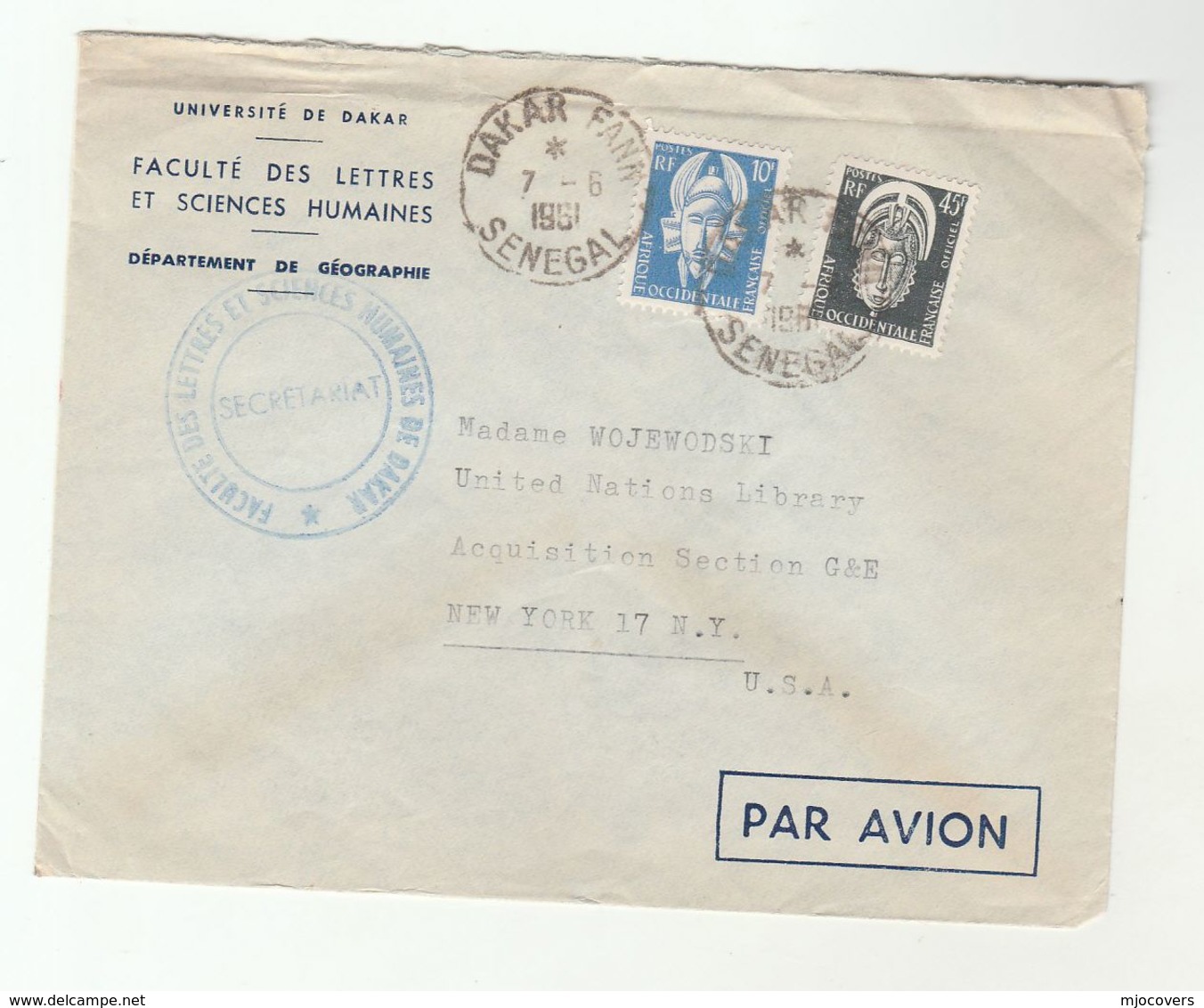 1951 FRENCH EQUATORIAL AFRICA SENEGAL To UNITED NATIONS USA Airmail COVER Stamps Un - Covers & Documents