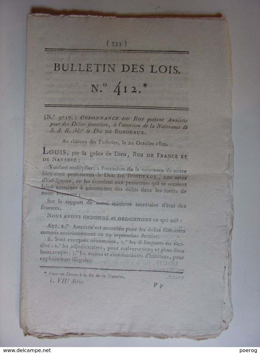 BULLETIN DES LOIS 1820 - AMNISTIE DELITS FORESTIERS NAISSANCE DUC DE BORDEAUX - REPARTITION JEUNES SOLDATS CLASSE 1819 - Wetten & Decreten