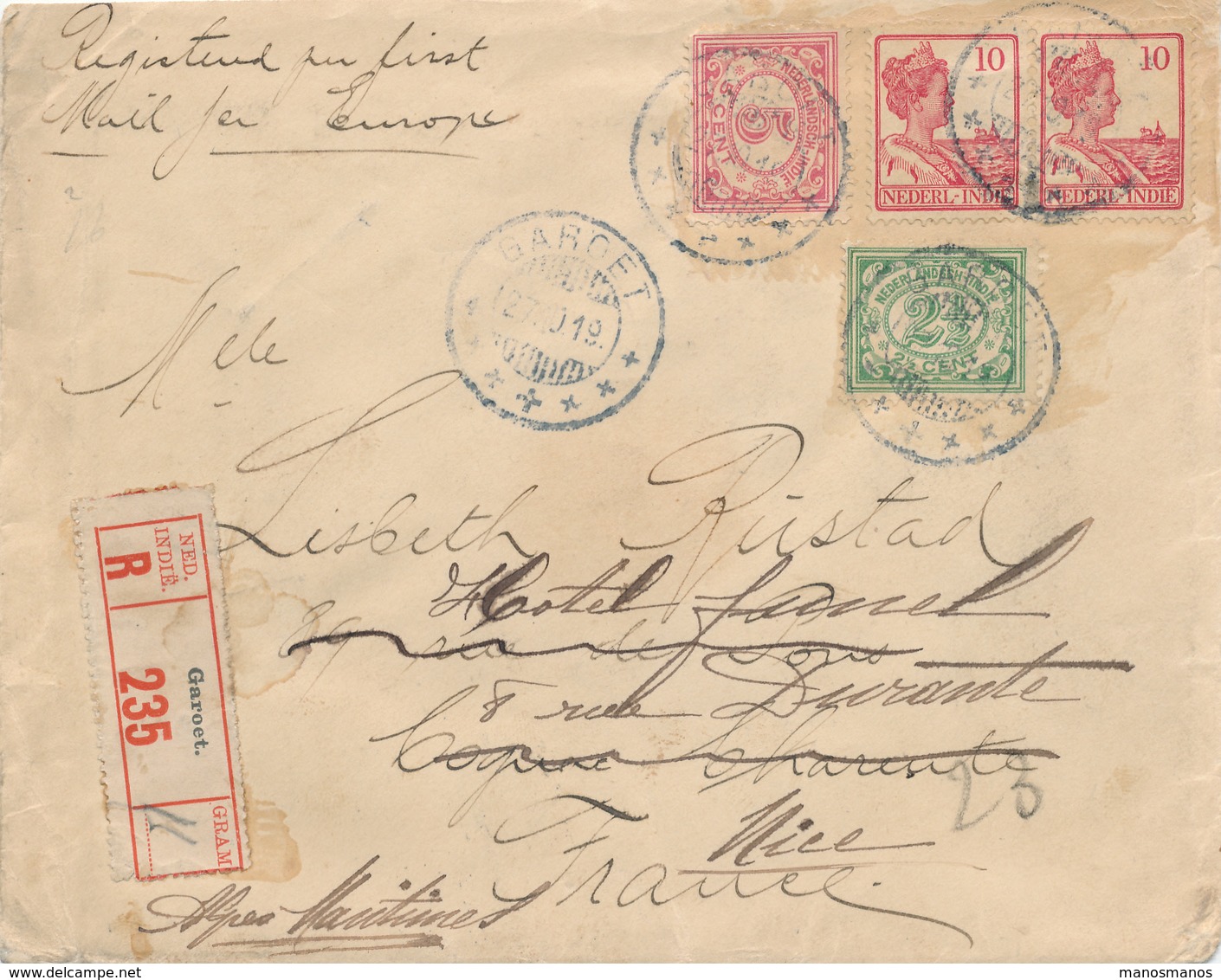 269/27 - SINGAPORE / NL INDIES - Lettre TP NL Indies GAROET 1919 Vers NICE Via N.I. Postagent SINGAPORE - Indes Néerlandaises