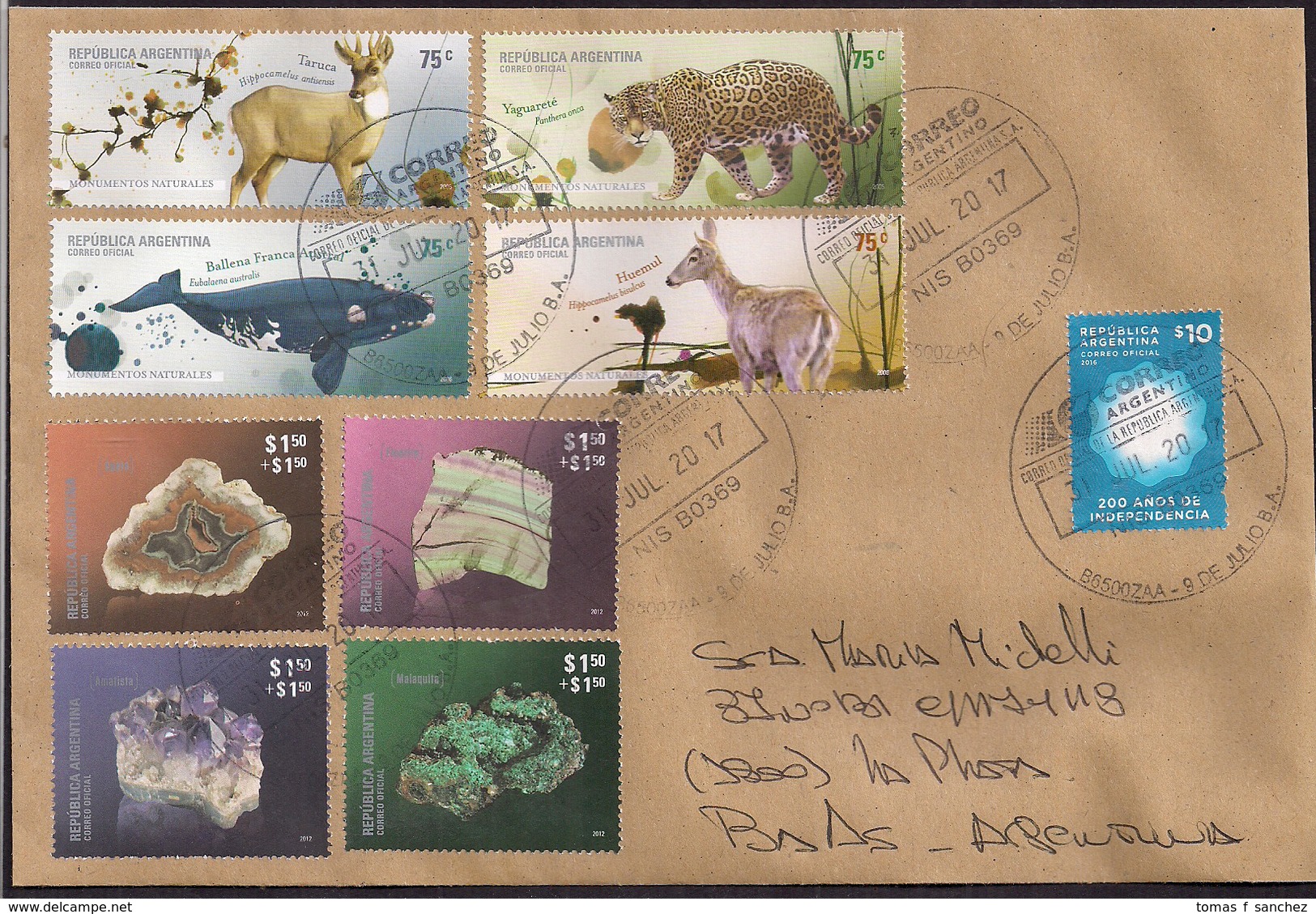 Argentina - 2017 - Lettre - Minéraux - Amastist - Agata - Sulphur - Rhodochrosite - Mammifères Argentins - Storia Postale