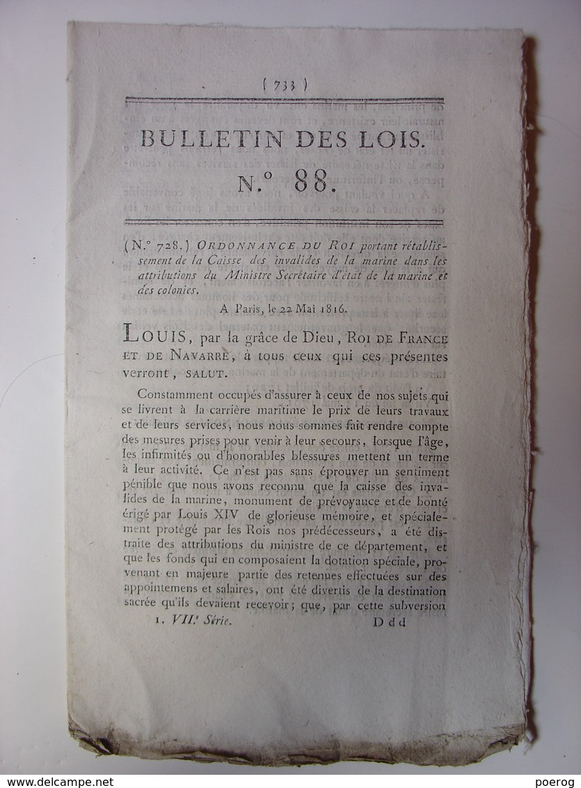 BULLETIN DES LOIS 1816 - CAISSE DES INVALIDES DE MARINE CONSEILS DE GUERRE ET REVISION DESERTEUR PORTS MILITAIRES TIMBRE - Décrets & Lois