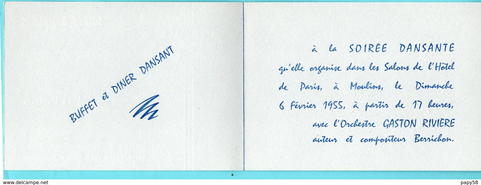 Vieux Papiers > Non Classés >  Invitation L Amicale Des Berrichons De Moulins Soirée Dansante Gaston Riviere - Programmes