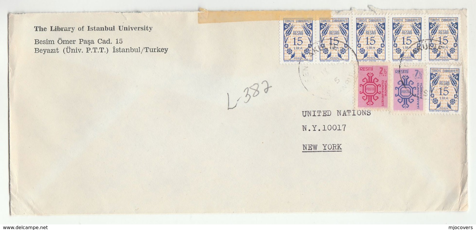 TURKEY ISTANBUL UNIVERSITY  LIBRARY To UNITED NATIONS USA  COVER  Stamps Un - UNO