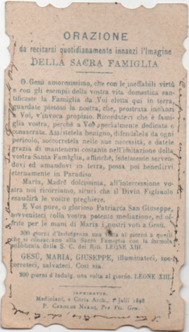 Santino Della Sacra Famiglia. Anno 1898 - Santini