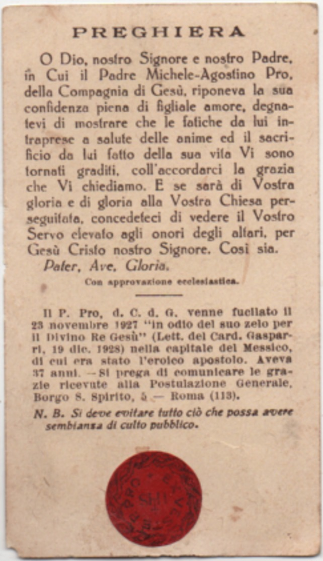 Santino Con Reliquia Del Beato Michele Agostino Pro (Guadalupa, Messico 1891 - Città Del Messico 1927) - Santini