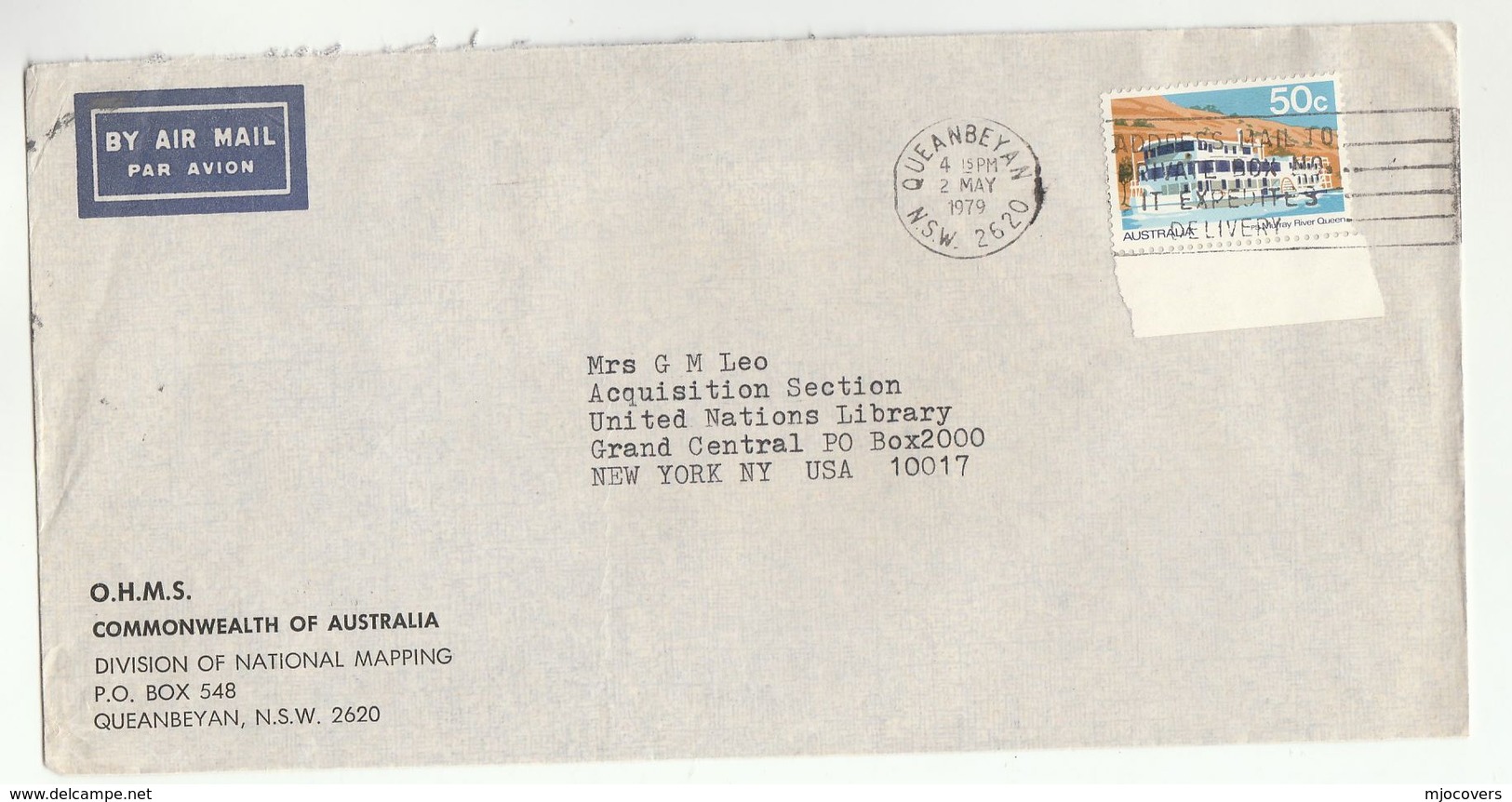 1979 AUSTRALIA To UNITED NATIONS USA  COVER From Division Of NATIONAL MAPPING  50c Murray River Queen Ship Stamp Un - Storia Postale