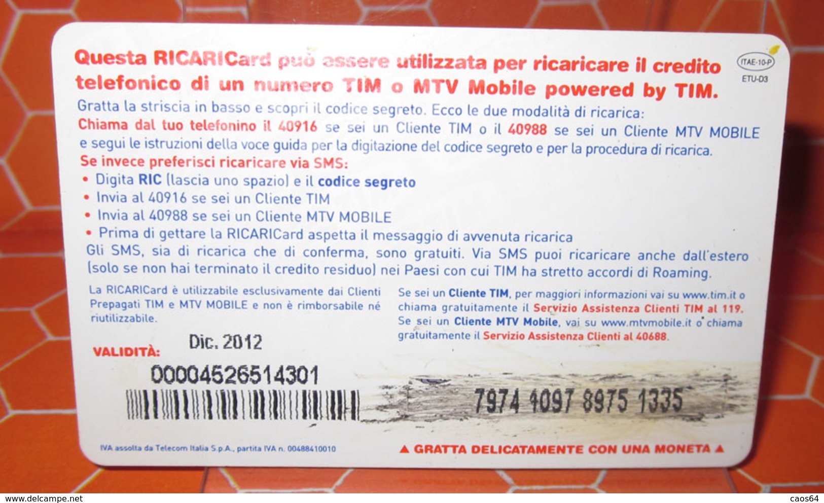 RICARICA SCHEDA TELEFONICA TIM 10 EURO VIVI LA NAZIONALE DIC 2012 USED - [2] Sim Cards, Prepaid & Refills