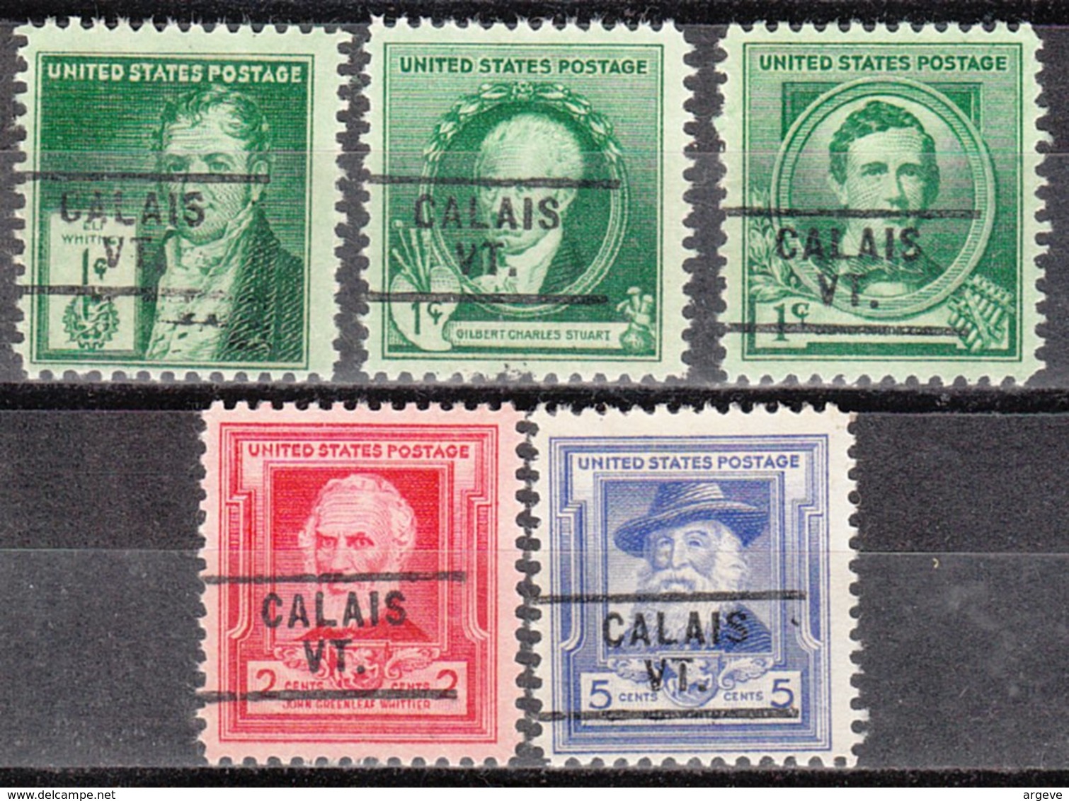 USA Precancel Vorausentwertung Preo, Locals Vermont, Calais 729, 5 Diff. Commemorative Stamps, 7,50 $ Type - Prematasellado