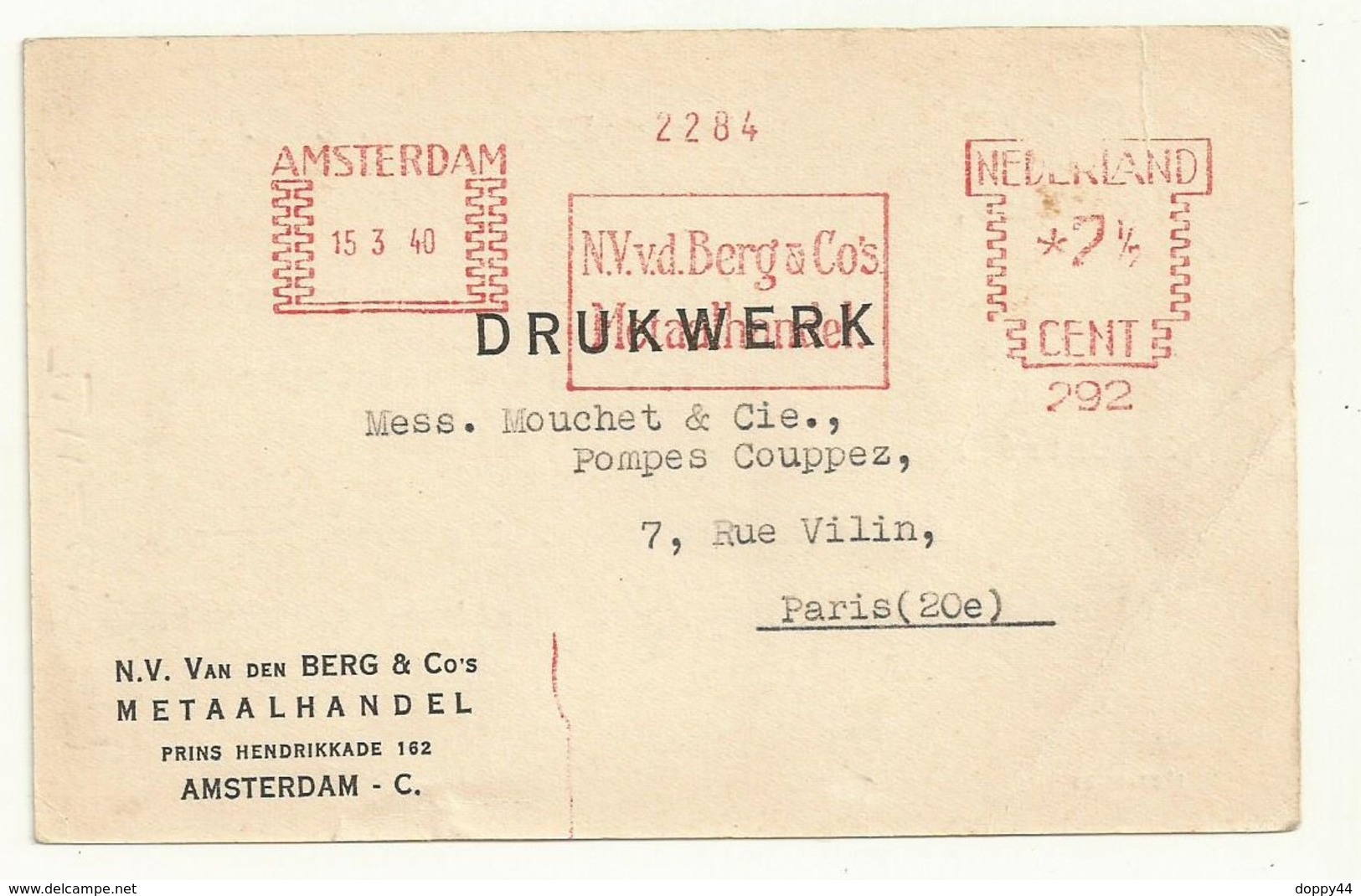 PAYS BAS  EMPREINTE MACHINE   SUR  CARTE  AMSTERDAM 15/03/1940 - Franking Machines (EMA)