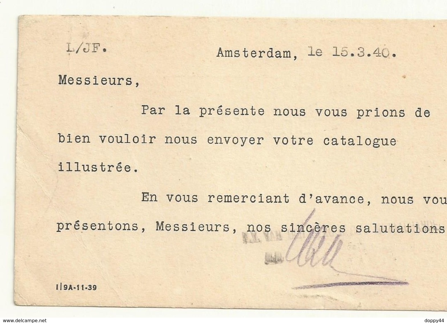 PAYS BAS  EMPREINTE MACHINE   SUR  CARTE  AMSTERDAM 15/03/1940 - Maschinenstempel (EMA)