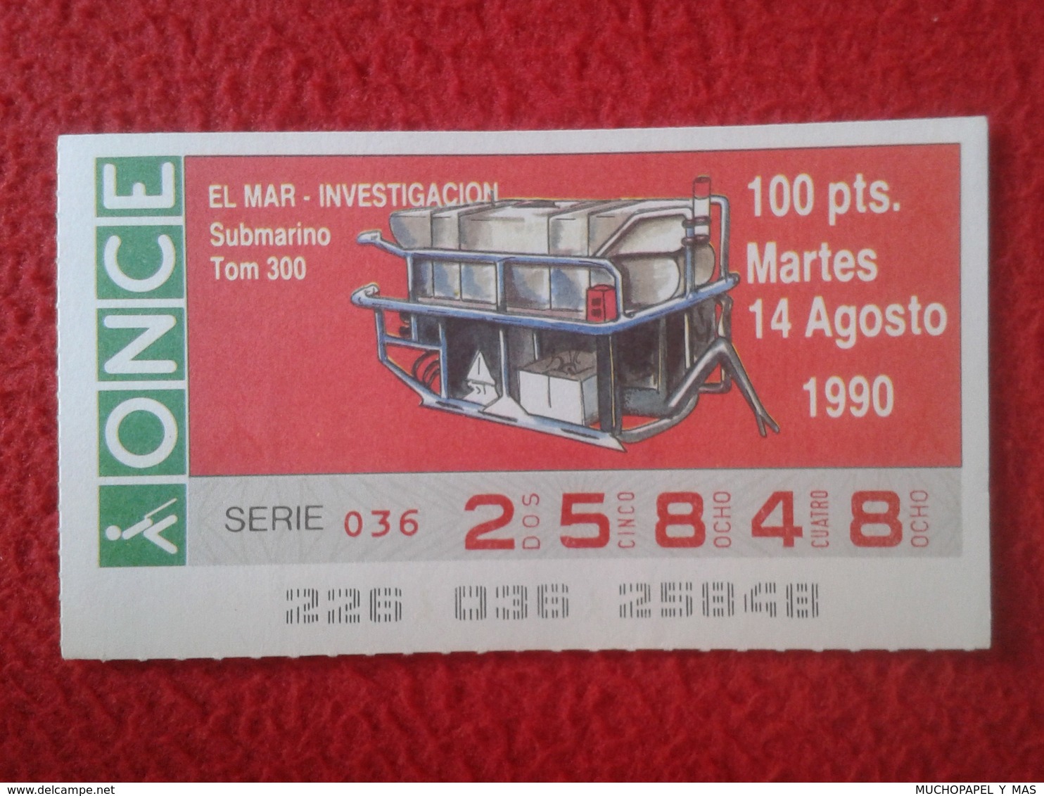 CUPÓN DE ONCE LOTTERY SPAIN LOTERÍA ESPAÑA ESPAGNE EL MAR THE SEA LA MER 1990 SUBMARINO TOM 300 SUBMARINE SOUS-MARIN VER - Billetes De Lotería