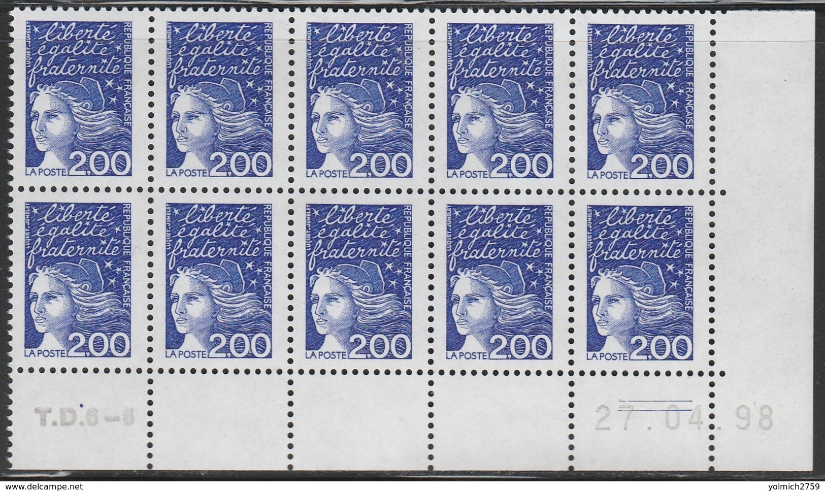 3090 2F. BLEU LUQUET TYPE I -DEMI BAS De FEUILLE De 10 TD6-6 Du 27.04.98 - 1997-2004 Marianne (14. Juli)