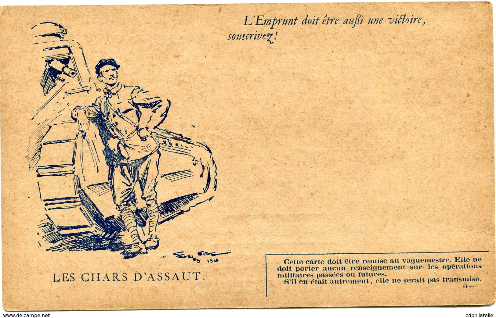 FRANCE CARTE DE FRANCHISE MILITAIRE NEUVE AVEC ILLUSTRATION "LES CHARS D'ASSAUT" AVEC LEGENDE "L'EMPRUNT DOIT ETRE..." - Lettres & Documents