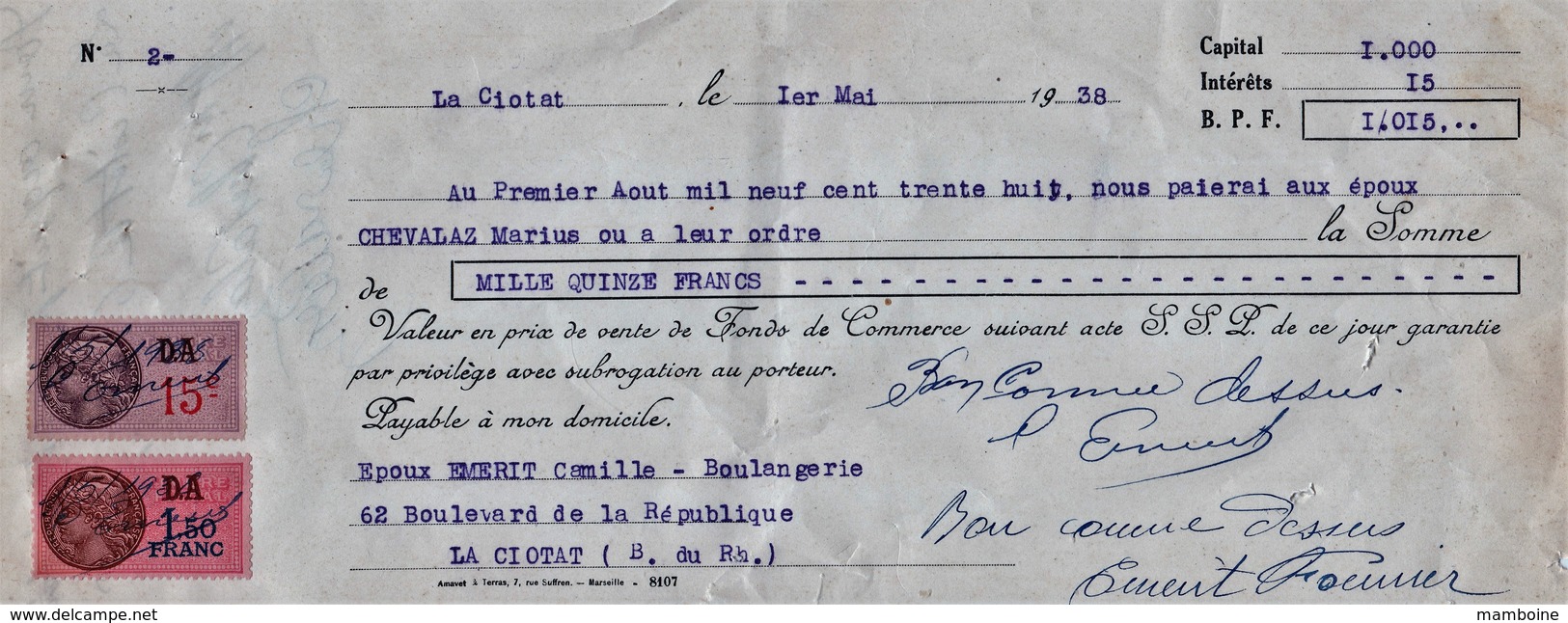 La Ciotat   1938   Boulangerie 62  Boulevard De La République - Bills Of Exchange