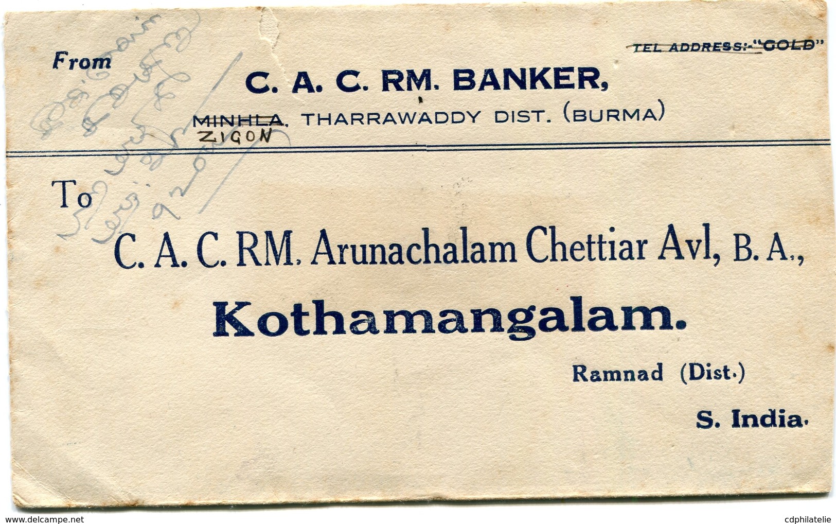 BIRMANIE LETTRE AVEC AFFRANCHISSEMENT AU DOS DEPART RANGOON ?-?-39 ARRIVEE KOTHAMANGALAM 24 DEC 39 - Burma (...-1947)