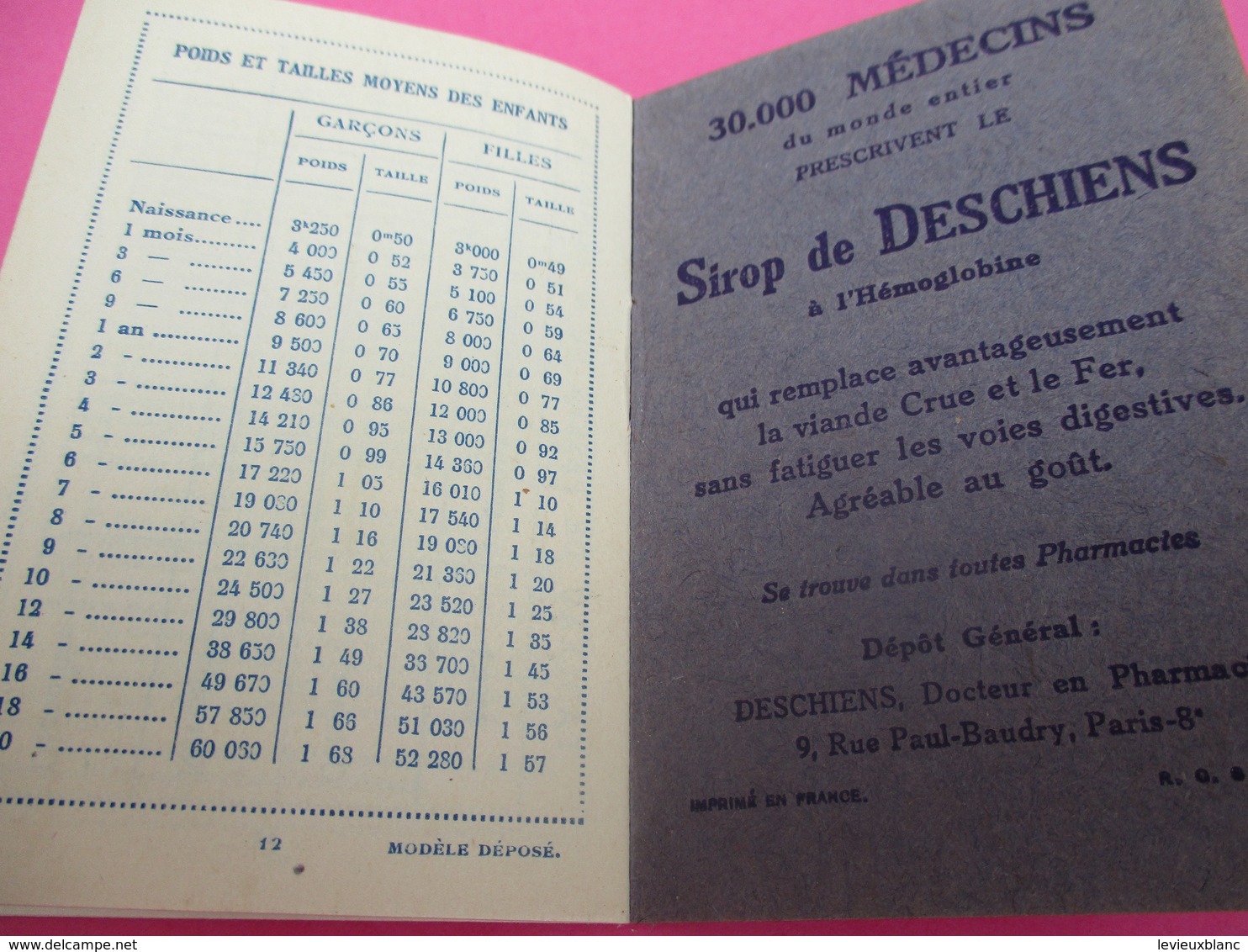 Sirop De DESCHIENS à L'Hémoglobine/Carnet De Pesées Pour Enfants/ Offert Par La Pharmacie/ Vers 1920-30       PARF160 - Altri & Non Classificati