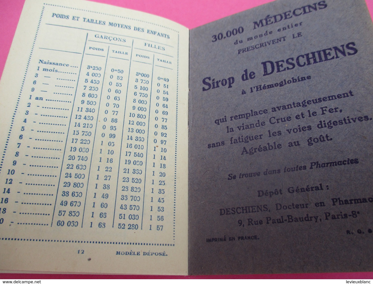 Sirop De DESCHIENS à L'Hémoglobine/Carnet De Pesées Pour Enfants/ Offert Par La Pharmacie/ Vers 1920-30       PARF160 - Other & Unclassified