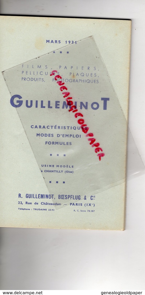 75- PARIS- RARE LIVRET GUILLEMINOT -BOESPFLUG- PLAQUES PELLICULES PAPIERS PRODUITS PHOTOGRAPHIQUES-PHOTO-MARS 1936 - Fotografie