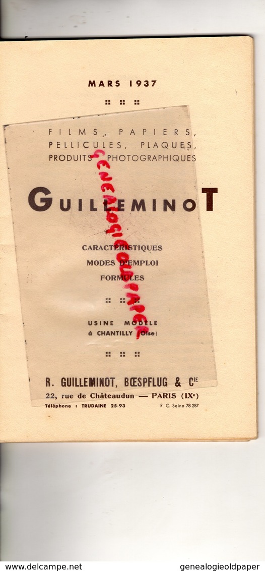 75- PARIS- RARE LIVRET GUILLEMINOT -BOESPFLUG- PLAQUES PELLICULES PAPIERS PRODUITS PHOTOGRAPHIQUES-PHOTO-MARS 1937 - Fotografía