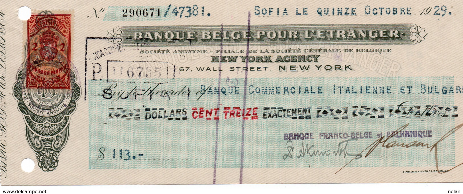 BANQUE BELGE POUR L ENTRANGER-NEW YORK AGENCY-SOFIA LE QUINZE OCTOBRE-1929 - Bank En Verzekering