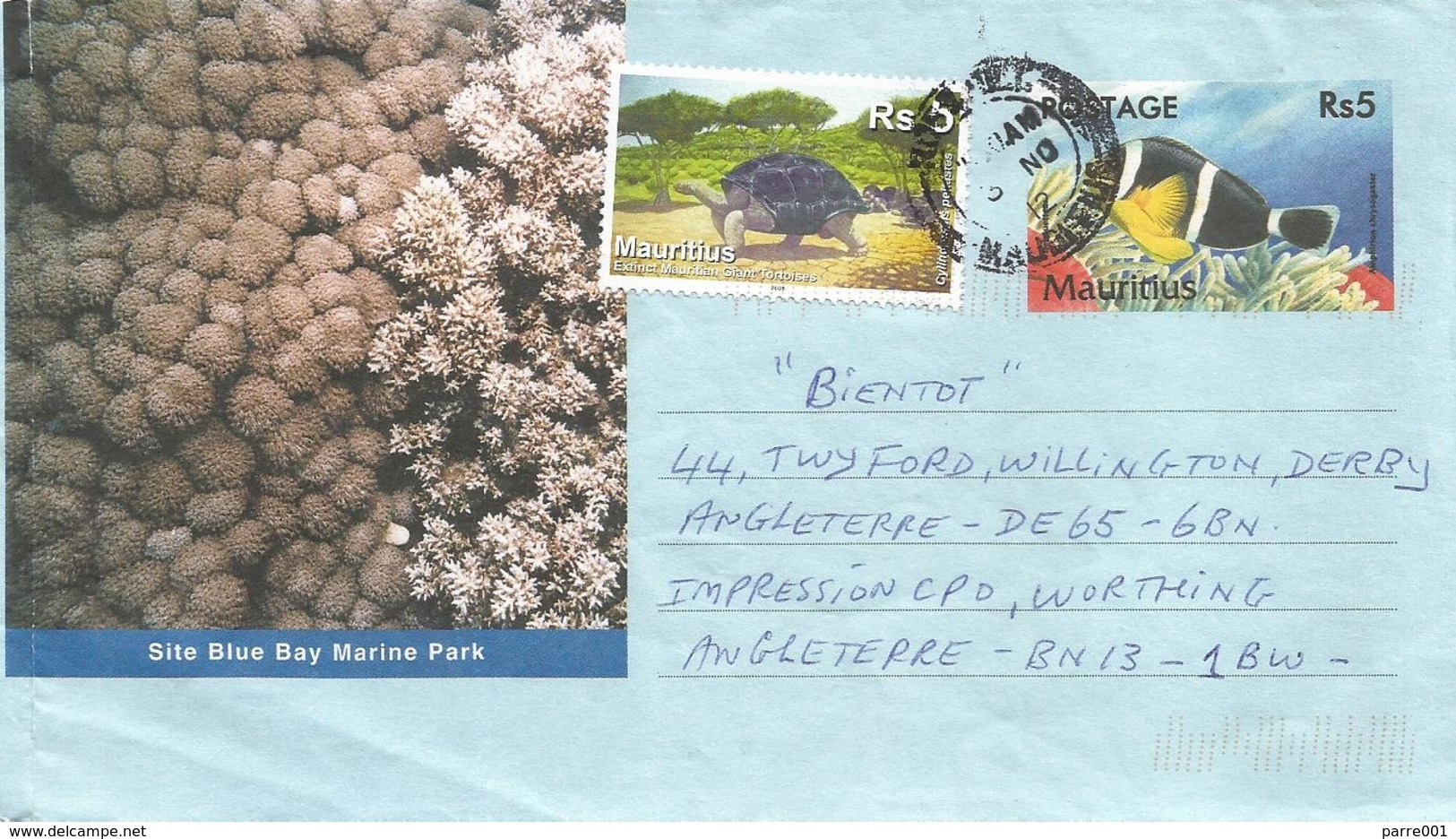 Mauritius 2012 Rose Hill Giant Tortoise Fish Aerogramme. Front Only - Mauritius (1968-...)