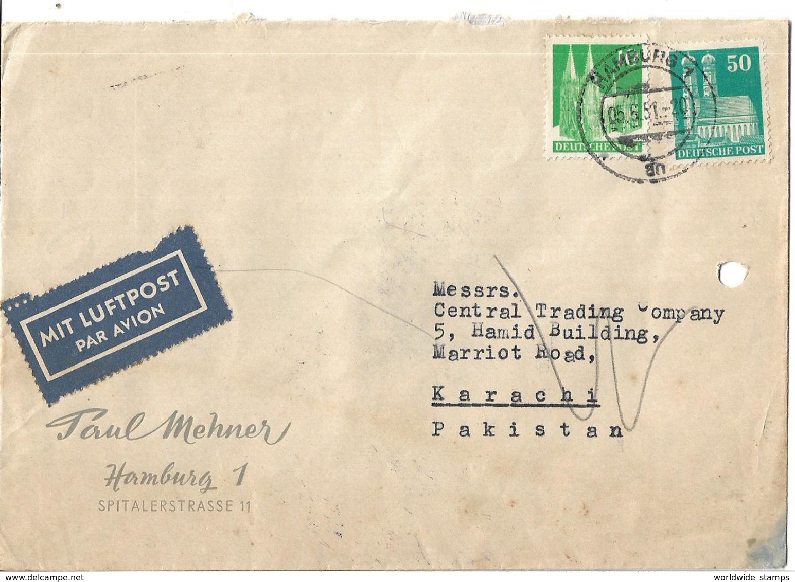 Germany Airmail 1948 Cologne Cathedral 50 Pf, 10 Pf To Pakistan. - Briefe U. Dokumente