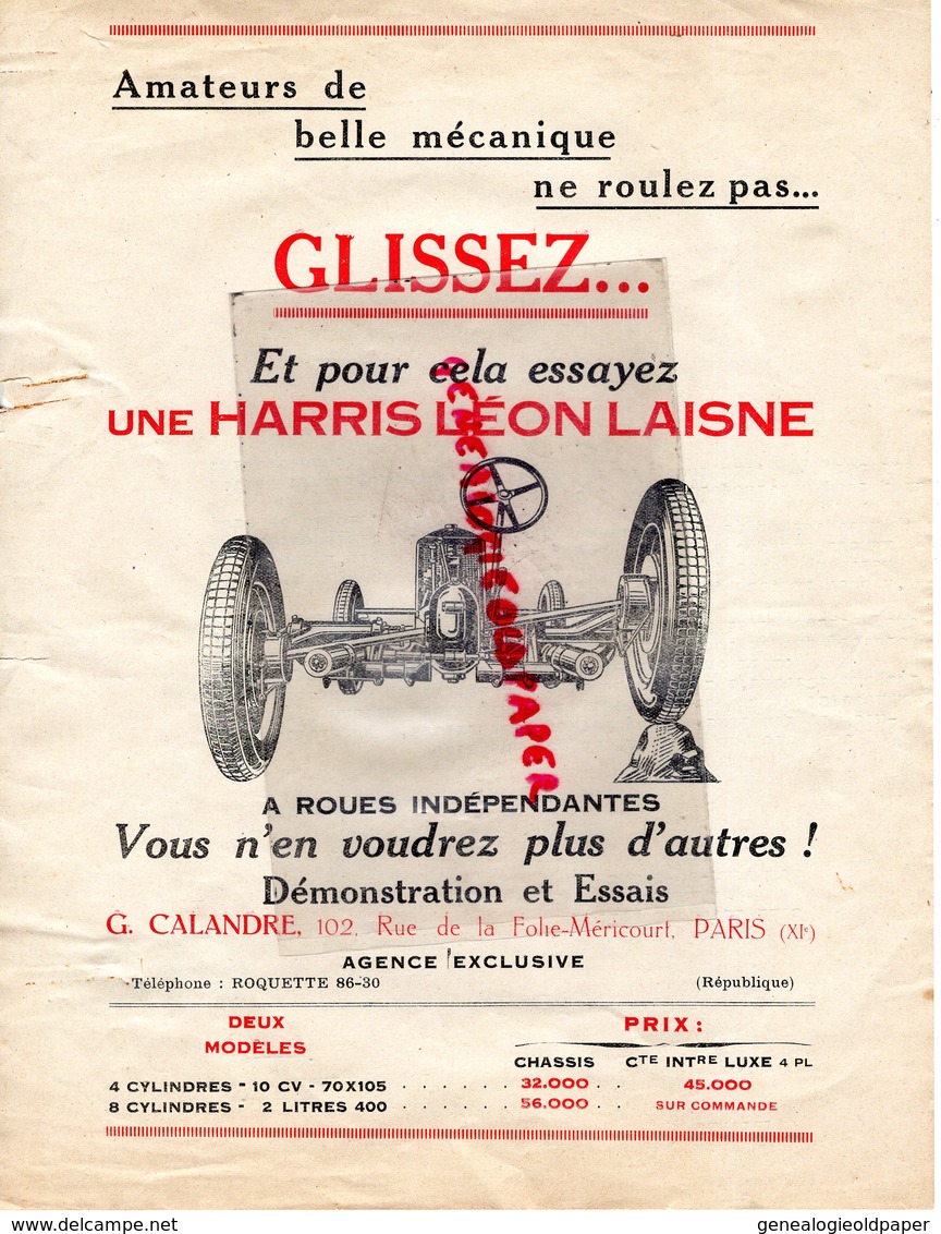 75- PARIS- PUBLICITE G. CALANDRE 102 RUE FOLIE MERICOURT- HARRIS LEON LAISNE AUTO AUTOMOBILE VOITURE GARAGE 1937 - Cars