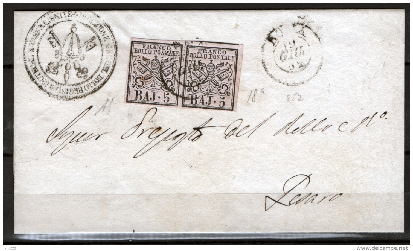 Stato Pontificio 1852 5 Baj Bianco Rosaceo Sass.6a Coppia Su Lettera VF/F - Estados Pontificados