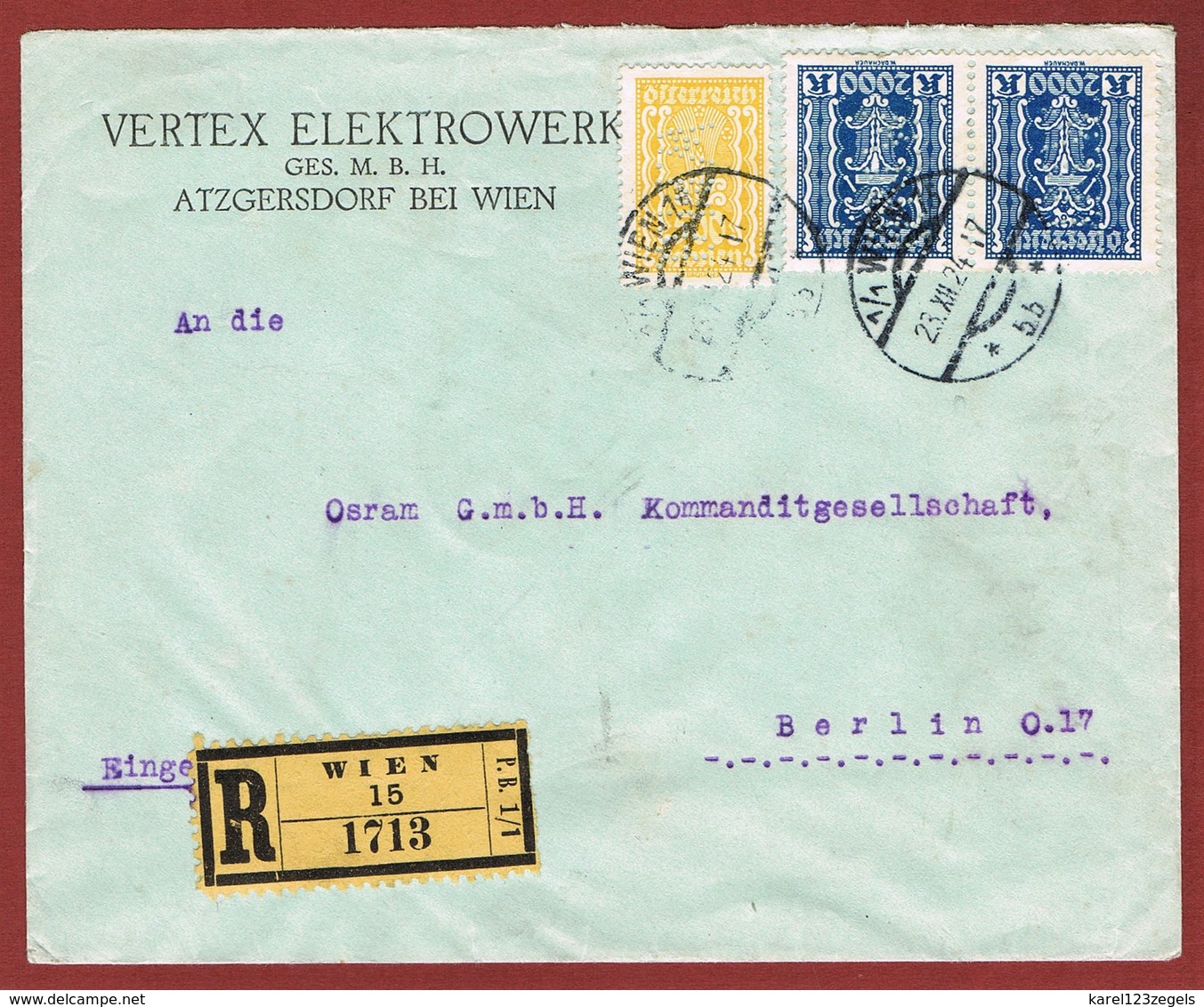 Infla Ab 1 März  1925 Reco Brief Vertex Wien - Berlin  Perfins; 3 Scan - Briefe U. Dokumente