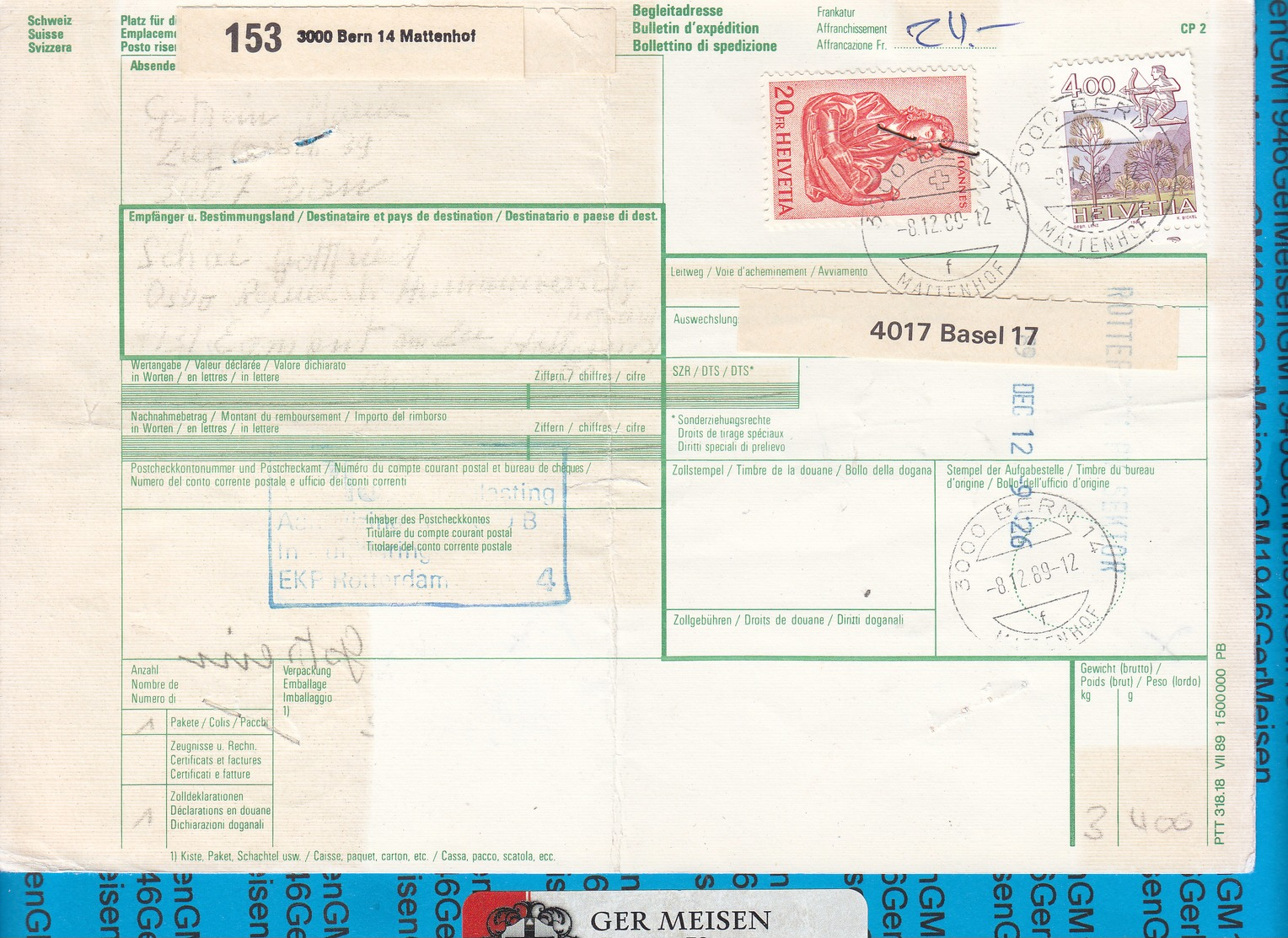 Schweiz - Auslandspaketkarte / Foreign Package Card Bern - Egmond Aan Zee - Stamped Stationery