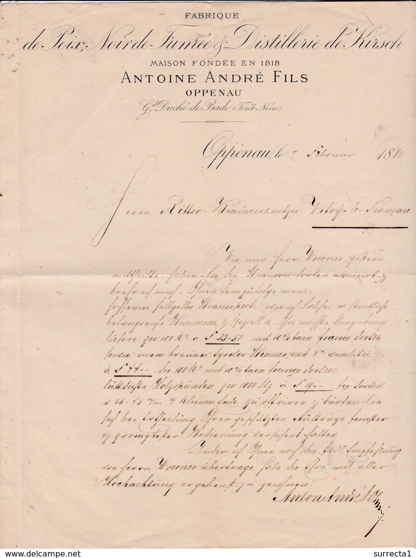 Facture 1881 / Antoine ANDRE / Fabrique Poix, Noir De Fumée, Distillerie De Kirsch / Oppenau / Duché De Bade - 1800 – 1899