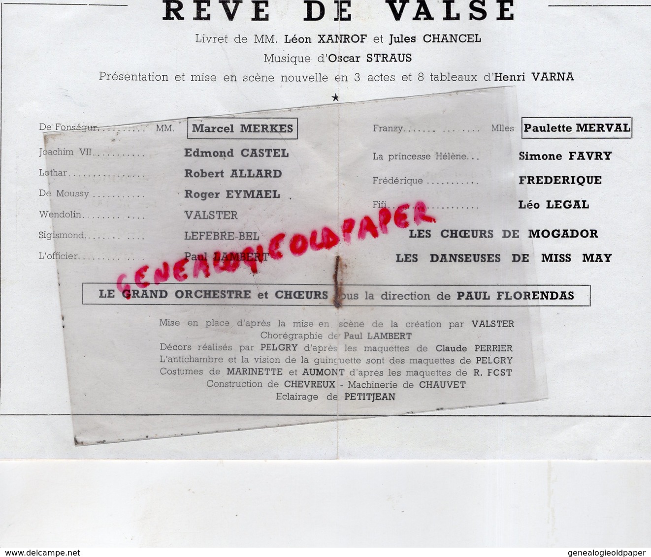 75 - PARIS- PROGRAMME THEATRE MOGADOR-REVE DE VALSE-HENRI VARNA-MARCEL MERKES-PAULETTE MERVAL-CASTEL-FREDERIQUE-FAVRY- - Programmes