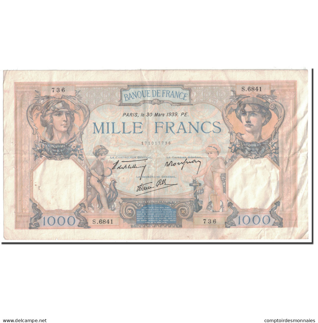 France, 1000 Francs, 1 000 F 1927-1940 ''Cérès Et Mercure'', 1939, 1939-03-30 - 1 000 F 1927-1940 ''Cérès E Mercure''