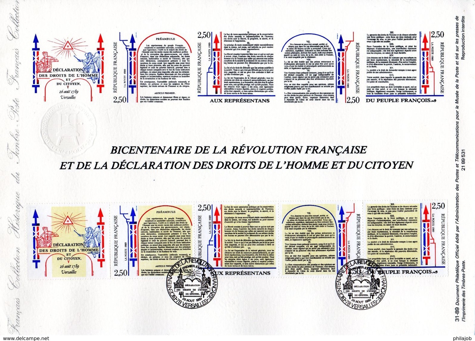 " REVOLUTION FRANCAISE / DROITS DE L'HOMME " Sur Document Philatélique Officiel De 1989 N° YT 2605A . DPO - Franz. Revolution