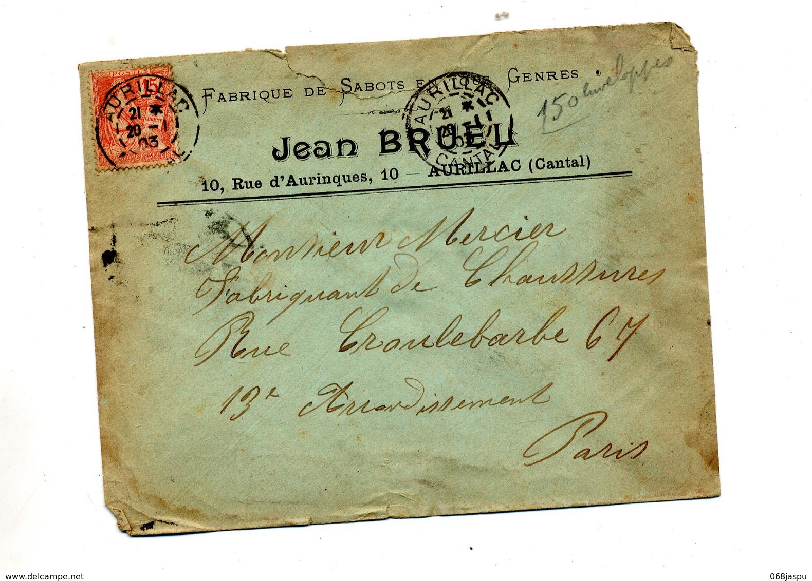 Lettre Cachet Aurillac Sur Mouchon Entete Manufacture Savon Bruel - Cachets Manuels