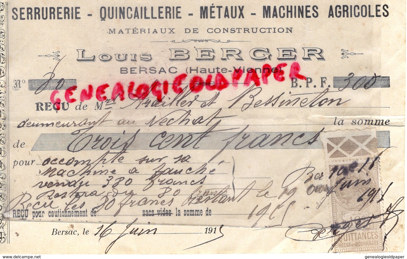 87 - BERSAC - RECU LOUIS BERGER- SERRURERIE QUINCAILLERIE MACHINES AGRICOLES- METAUX - 1925- ARDILLER ET BESSINETON - Old Professions