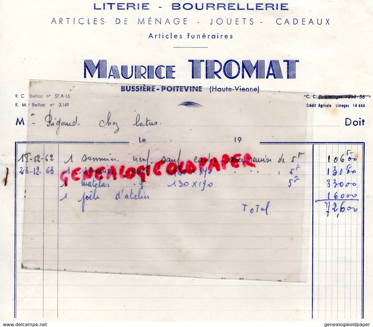 87 - BUSSIERE POITEVINE- RARE FACTURE MAURICE TROMAT- LITERIE BOURRELLERIE - BOURELIER  1962 - Old Professions